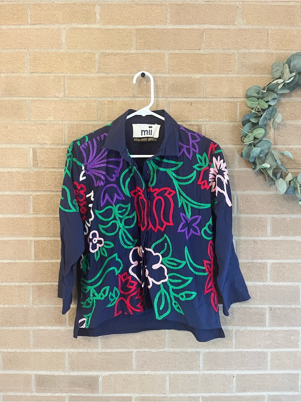 mii Navy Floral Embroidered Button-Down Shirt